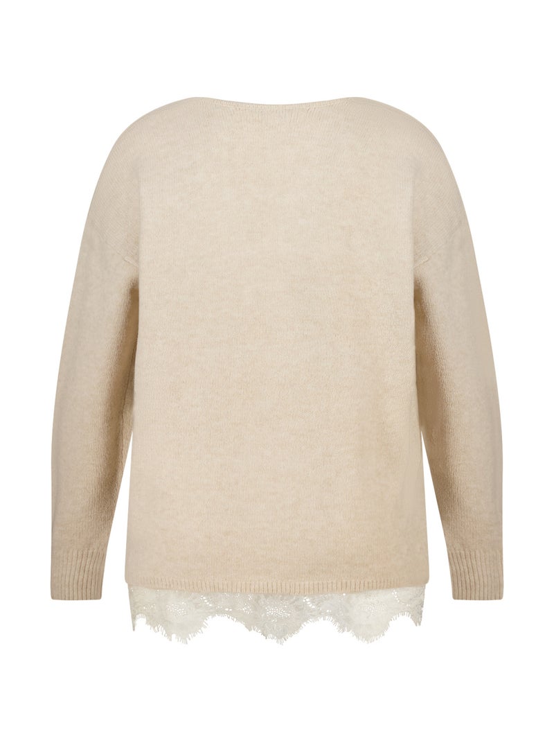 MS MODE Pull Pull à col en V avec bas en dentelle Beige sable - Kiabi