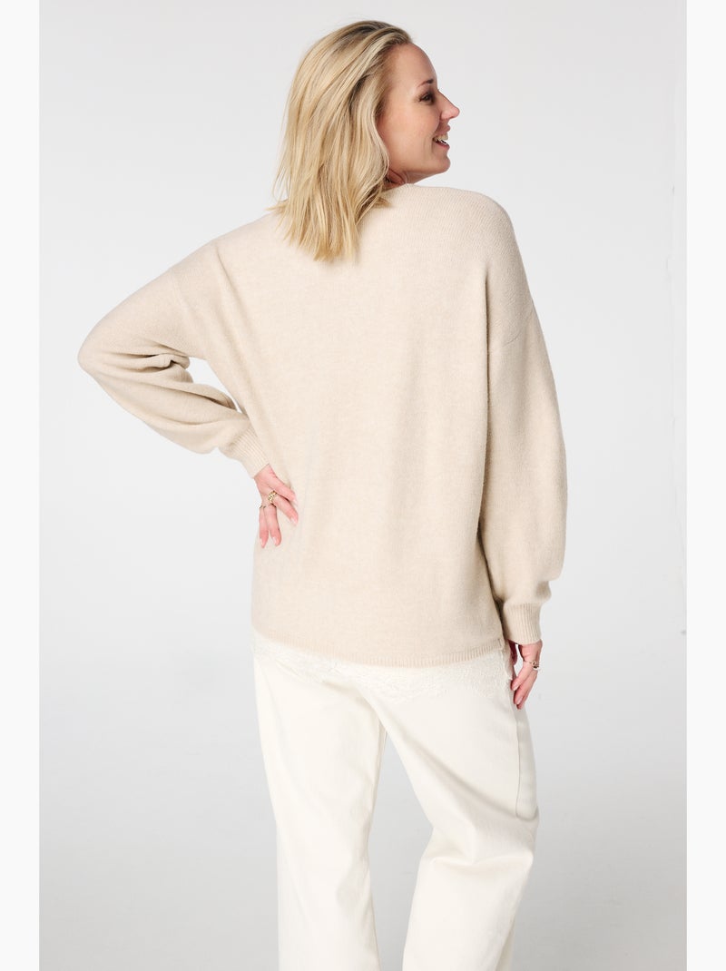 MS MODE Pull Pull à col en V avec bas en dentelle Beige sable - Kiabi