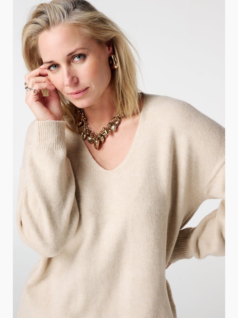 MS MODE Pull Pull à col en V avec bas en dentelle Beige sable - Kiabi