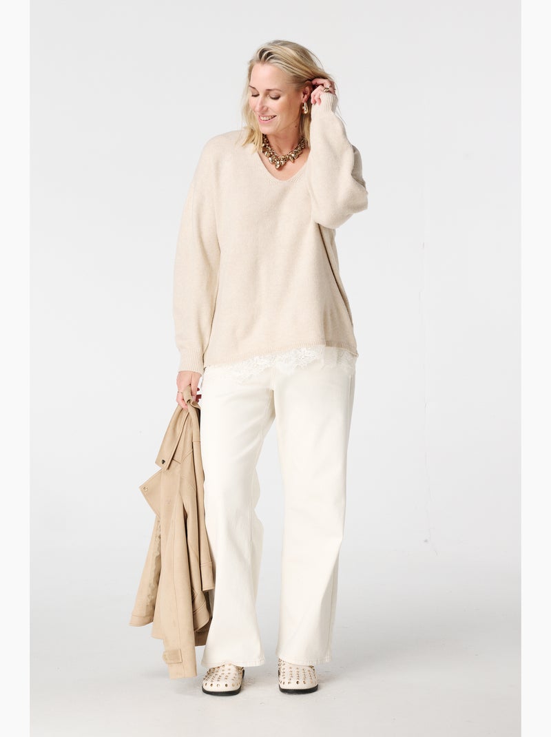 MS MODE Pull Pull à col en V avec bas en dentelle Beige sable - Kiabi