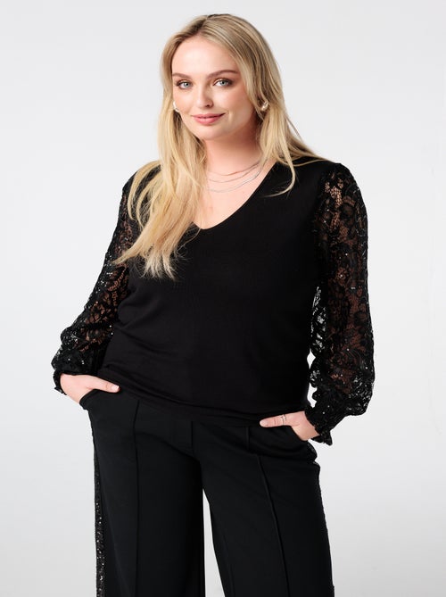 MS MODE Pull Pull à manches en dentelle et paillettes - Kiabi