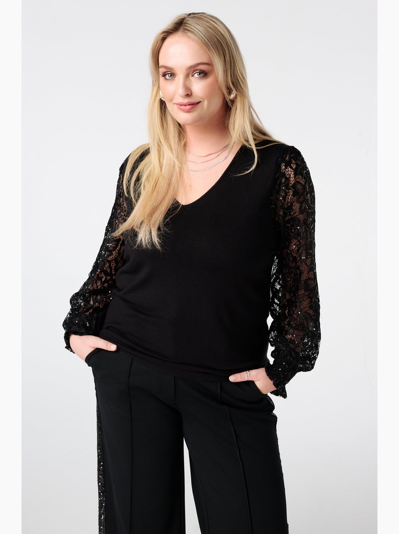 MS MODE Pull Pull à manches en dentelle et paillettes Noir