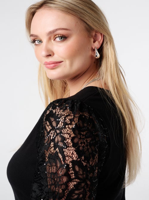 MS MODE Pull Pull à manches en dentelle et paillettes - Kiabi