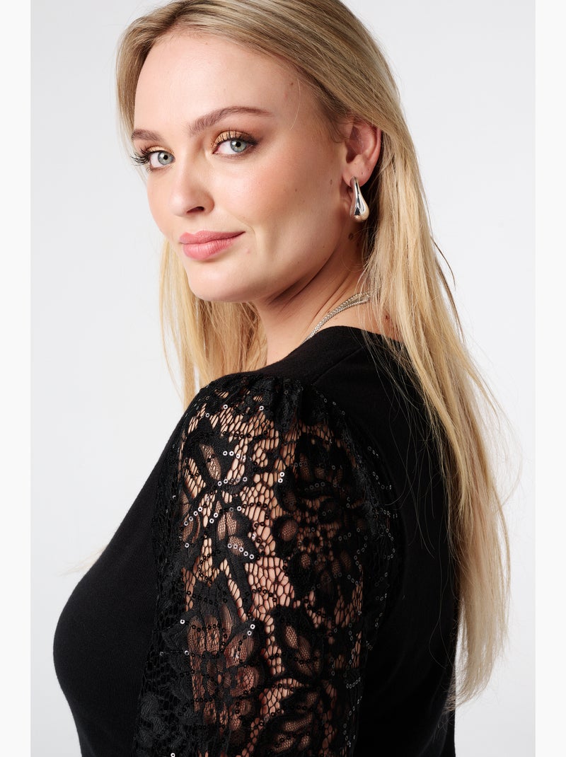 MS MODE Pull Pull à manches en dentelle et paillettes Noir - Kiabi