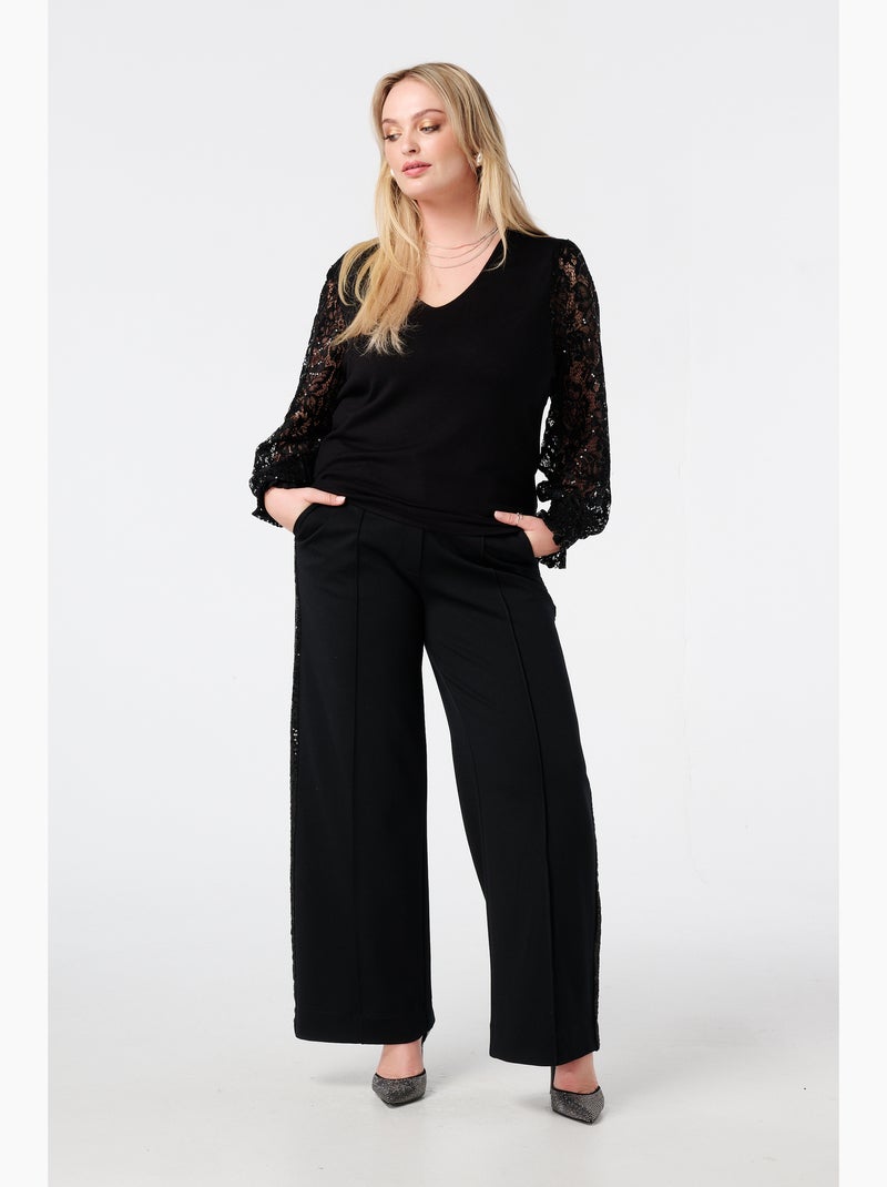 MS MODE Pull Pull à manches en dentelle et paillettes Noir - Kiabi