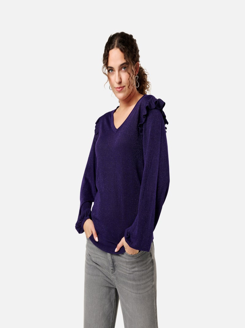 MS MODE Pull Pull à volants et à paillettes Violet foncé - Kiabi