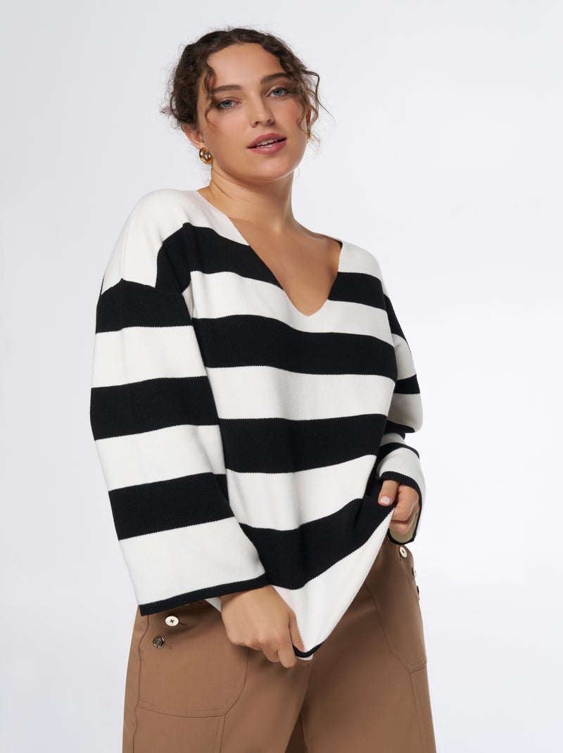 MS MODE Pull Pull avec col en V Gris Noir - Kiabi