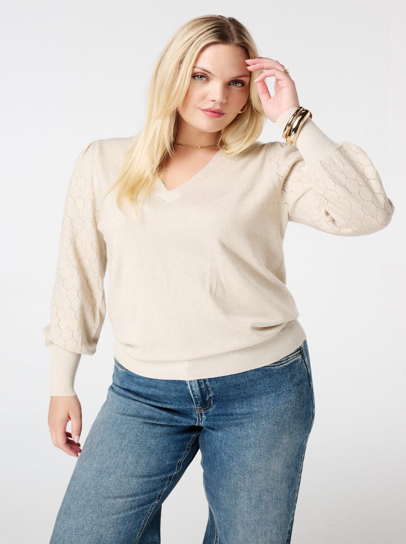 MS MODE Pull Pull avec détails sur les manches Beige/Blanc - Kiabi