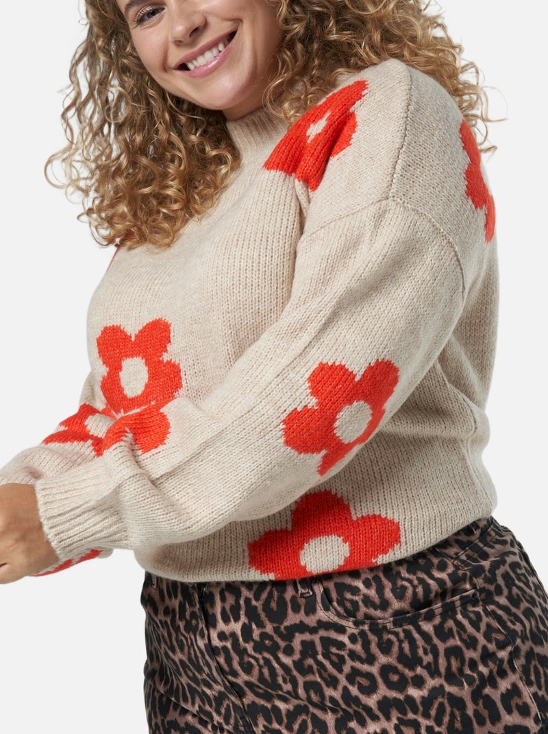 MS MODE Pull Pull en tricot avec des fleurs Orange - Kiabi