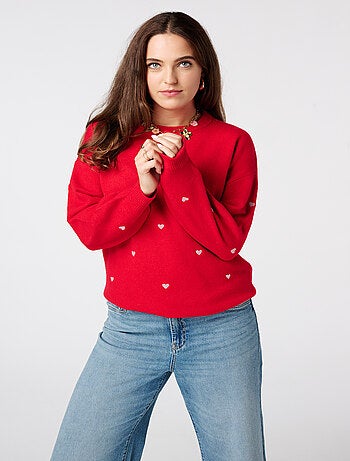 MS MODE Pull Pull finement tricoté avec des cœurs brodés