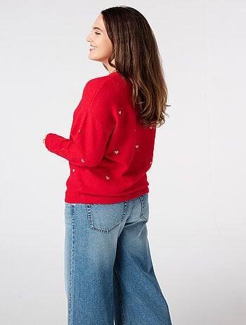 MS MODE Pull Pull finement tricoté avec des cœurs brodés