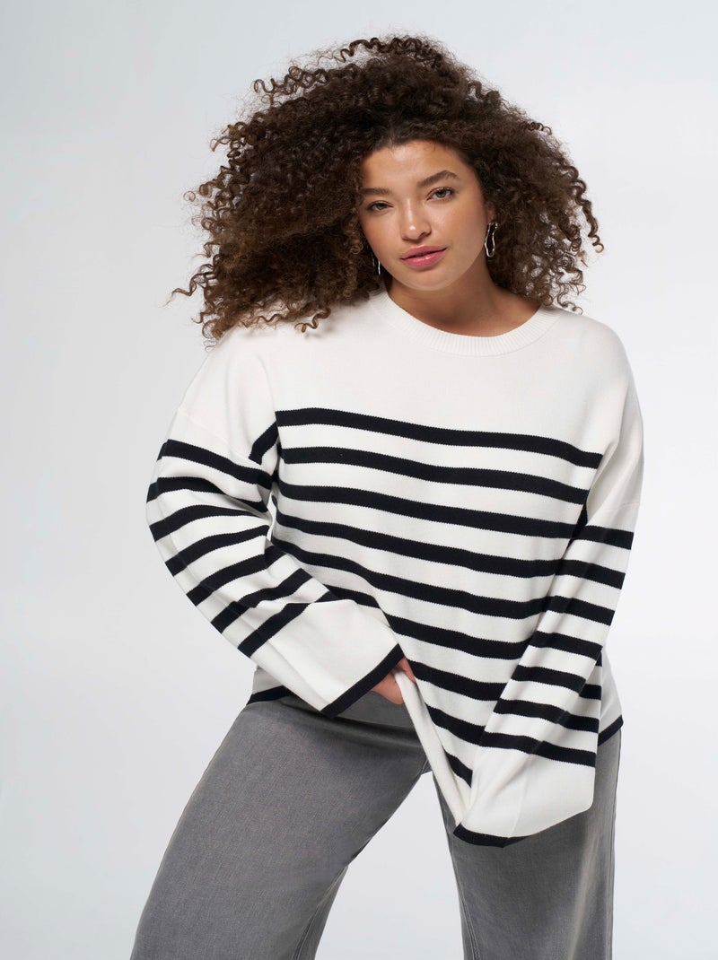 MS MODE Pull Pull rayé en maille Noir Blanc - Kiabi