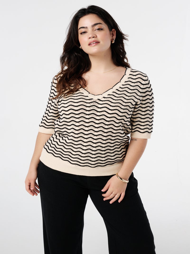 MS MODE Pull Pull rayé en maille Noir Blanc - Kiabi