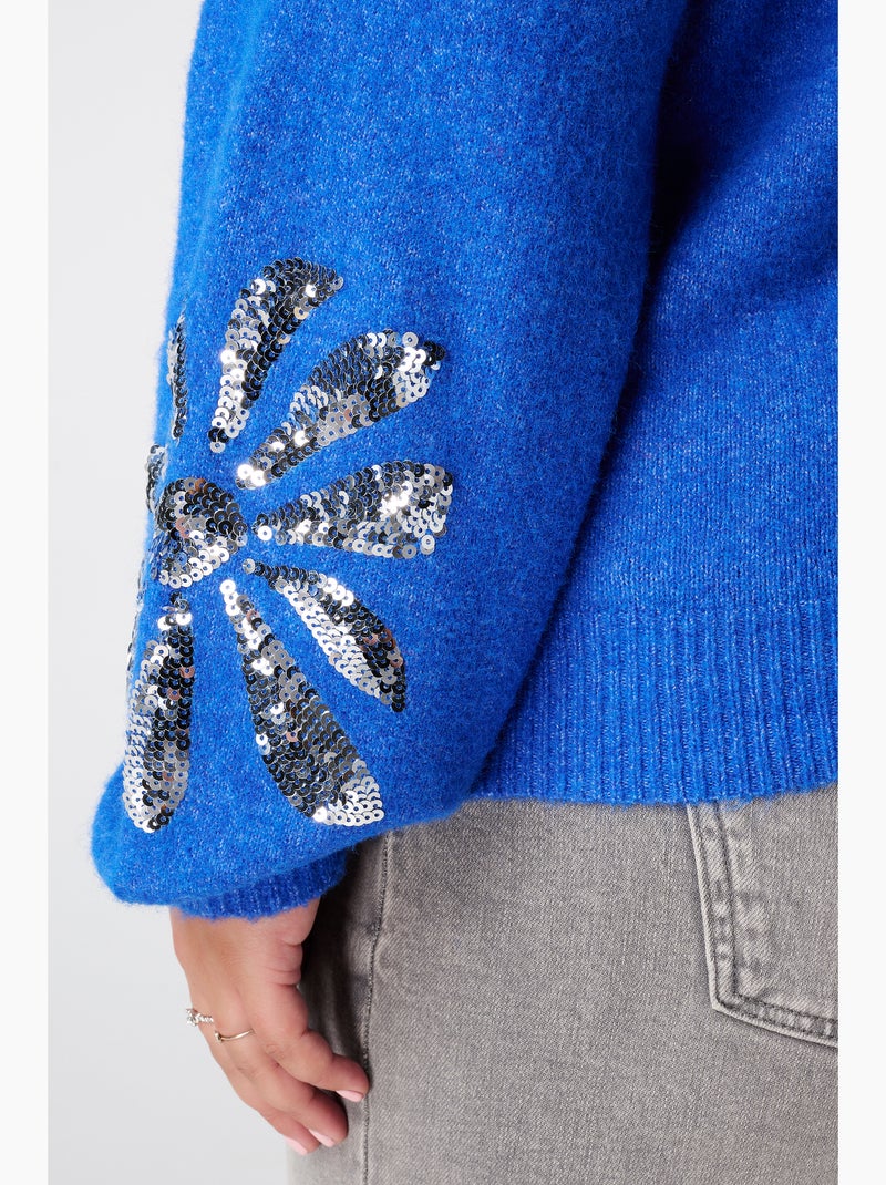 MS MODE Pull Pull tricoté avec paillettes sur les manches Bleu cobalt - Kiabi