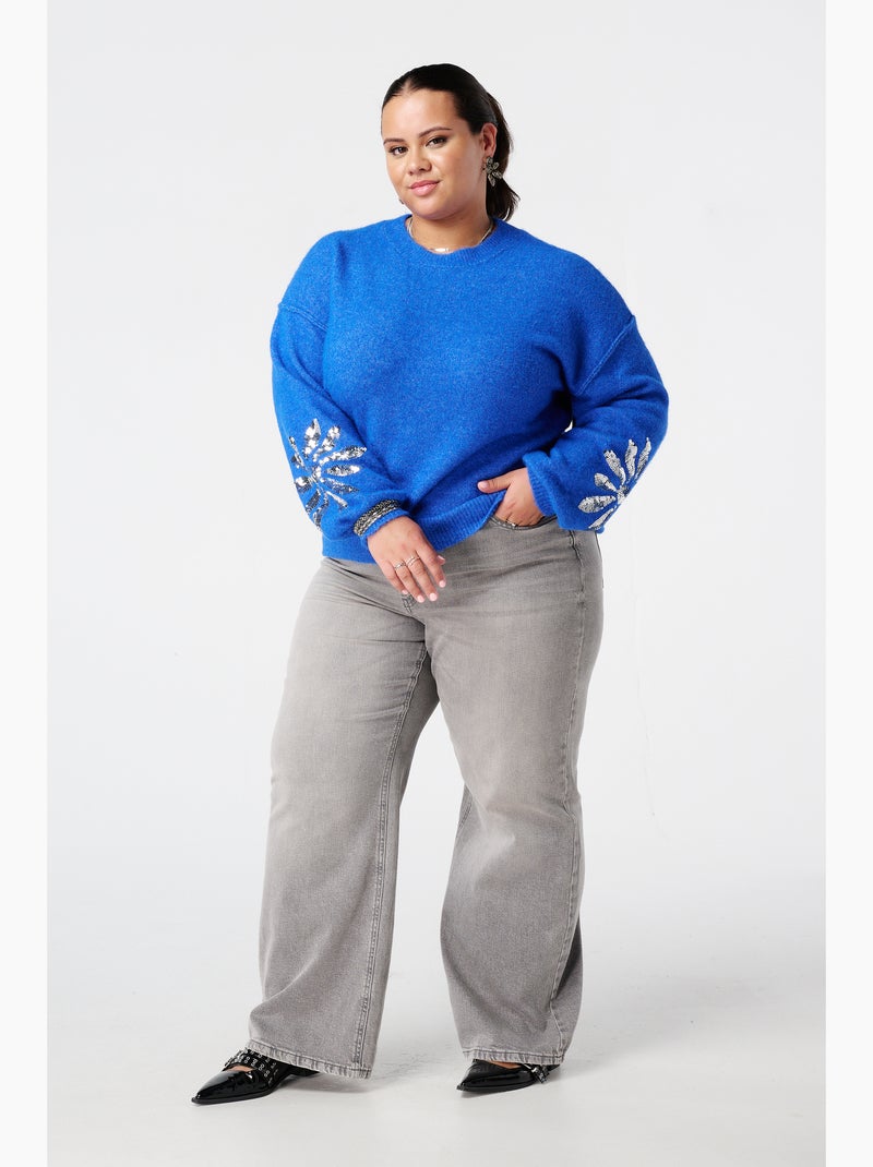 MS MODE Pull Pull tricoté avec paillettes sur les manches Bleu cobalt - Kiabi