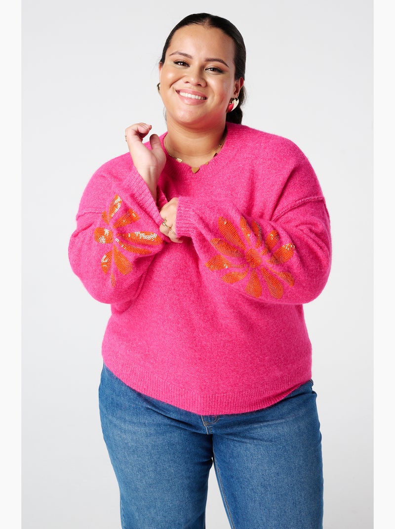 MS MODE Pull Pull tricoté avec paillettes sur les manches Rose