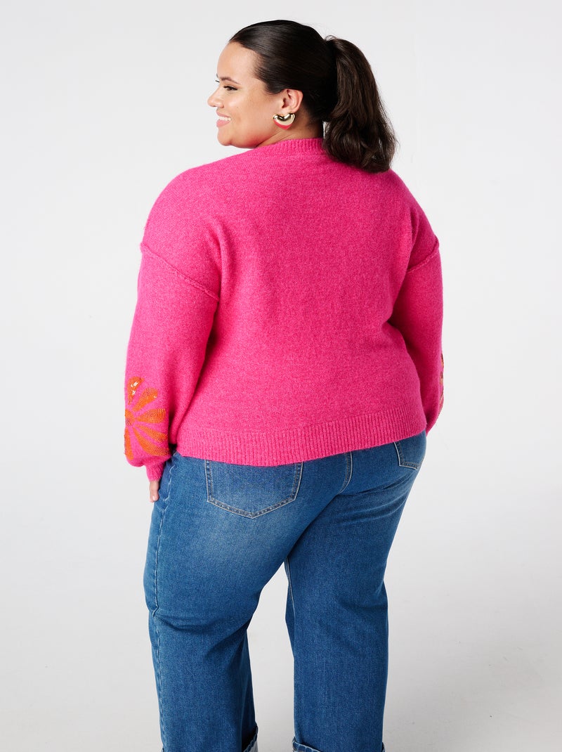 MS MODE Pull Pull tricoté avec paillettes sur les manches Rose fushia - Kiabi