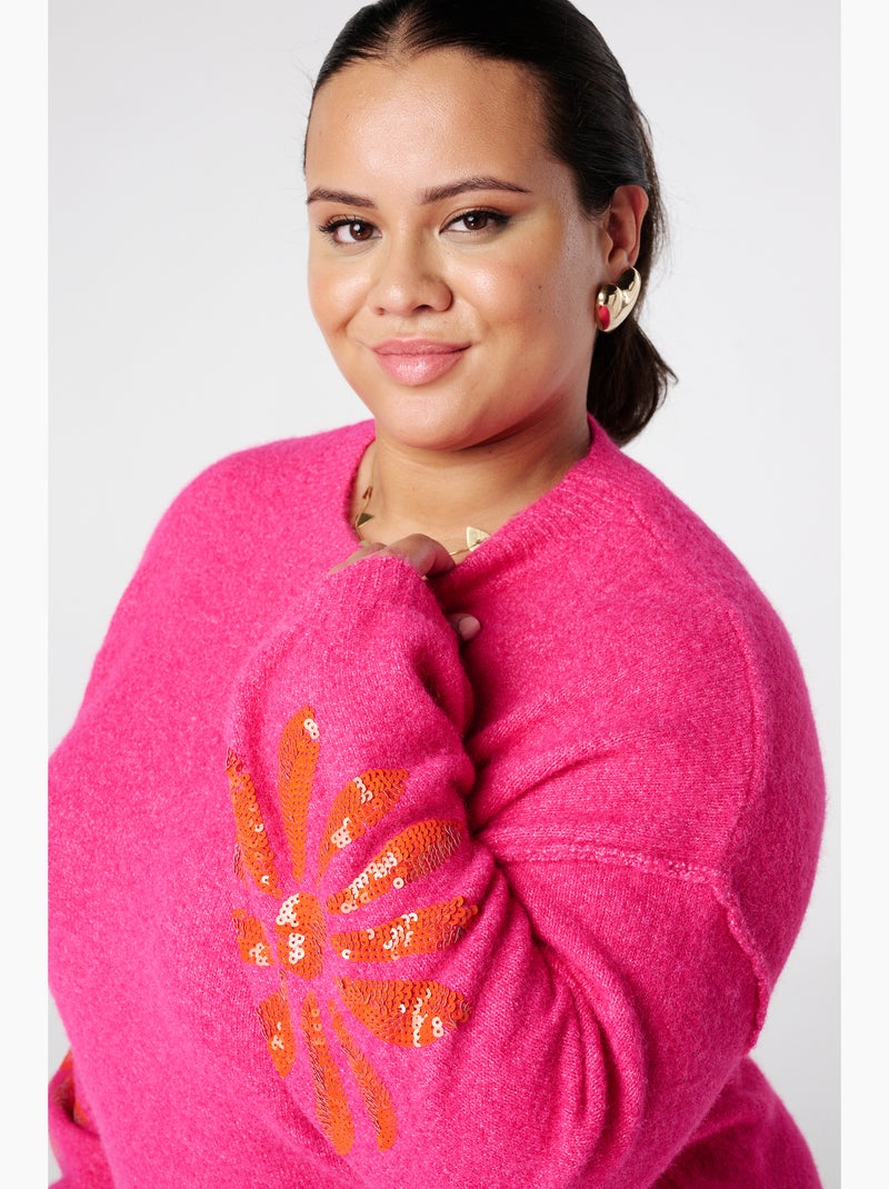 MS MODE Pull Pull tricoté avec paillettes sur les manches Rose fushia - Kiabi