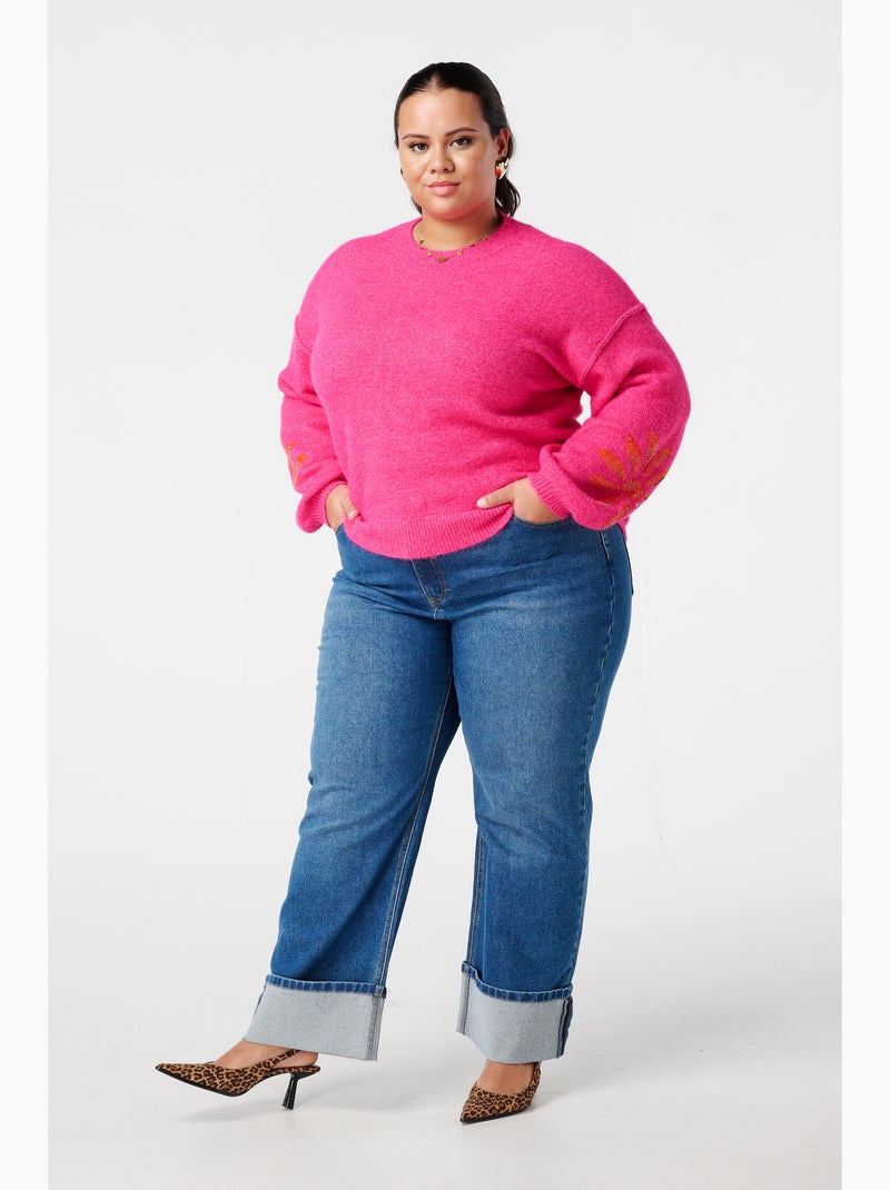MS MODE Pull Pull tricoté avec paillettes sur les manches Rose fushia - Kiabi