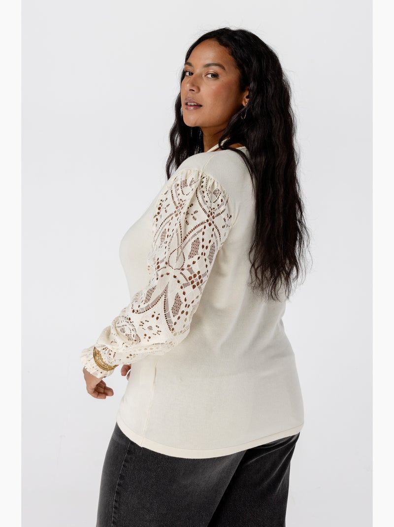 MS MODE Pull Top avec manches en dentelle Blanc cassé - Kiabi