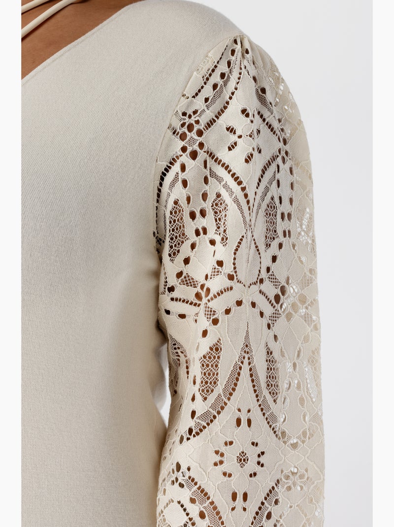 MS MODE Pull Top avec manches en dentelle Blanc cassé - Kiabi