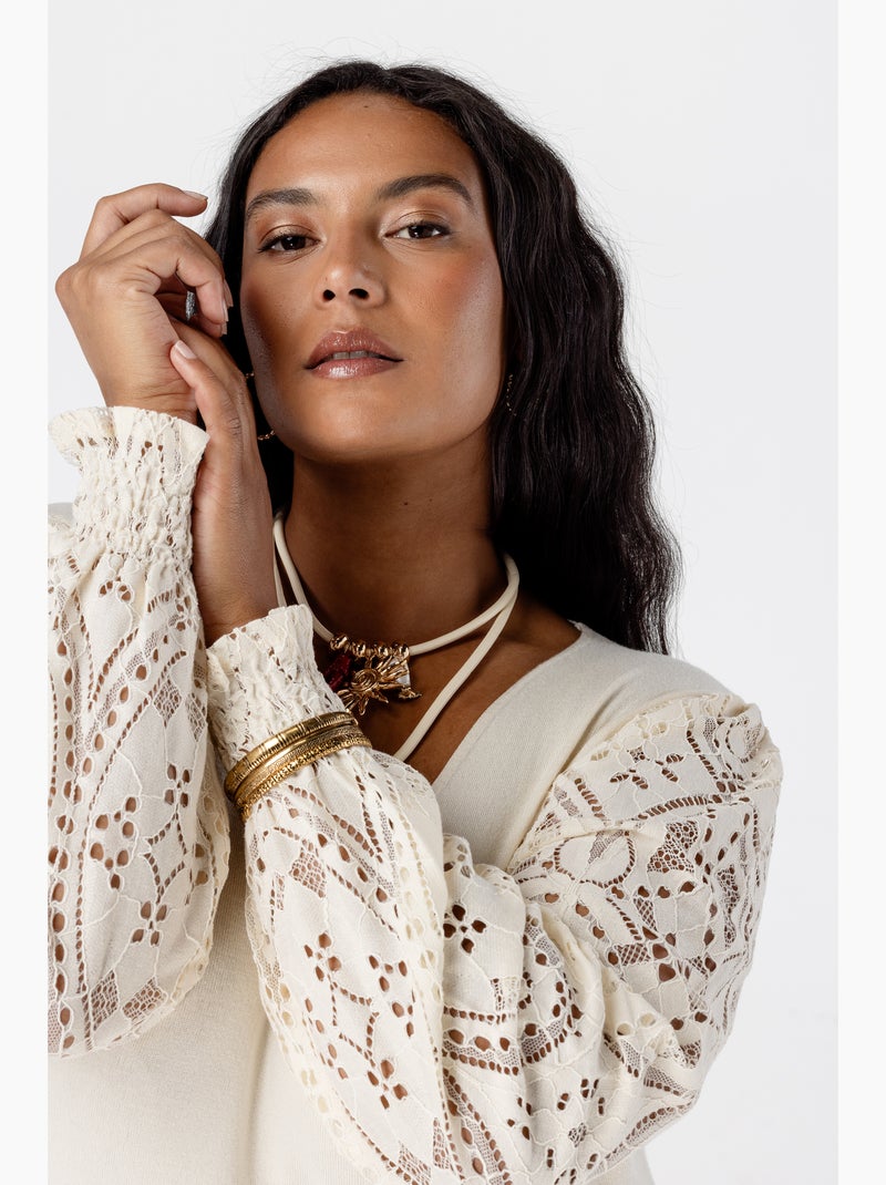 MS MODE Pull Top avec manches en dentelle Blanc cassé - Kiabi