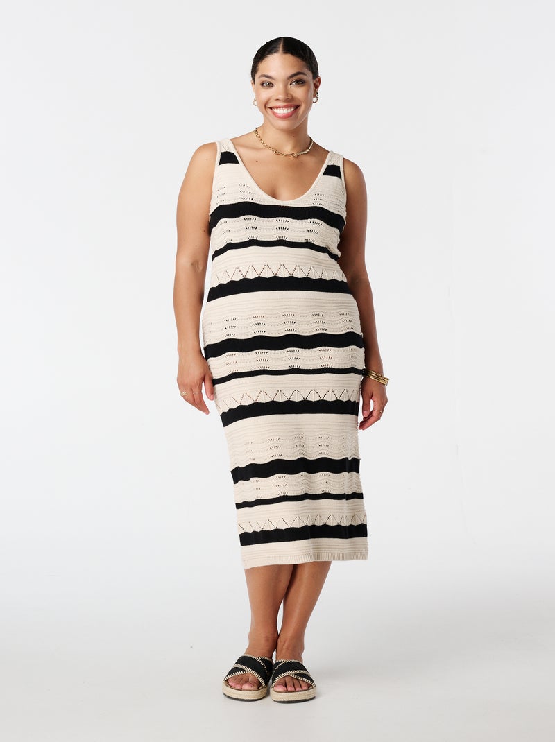 MS MODE Robe Robe en crochet à rayures Blanc Noir - Kiabi