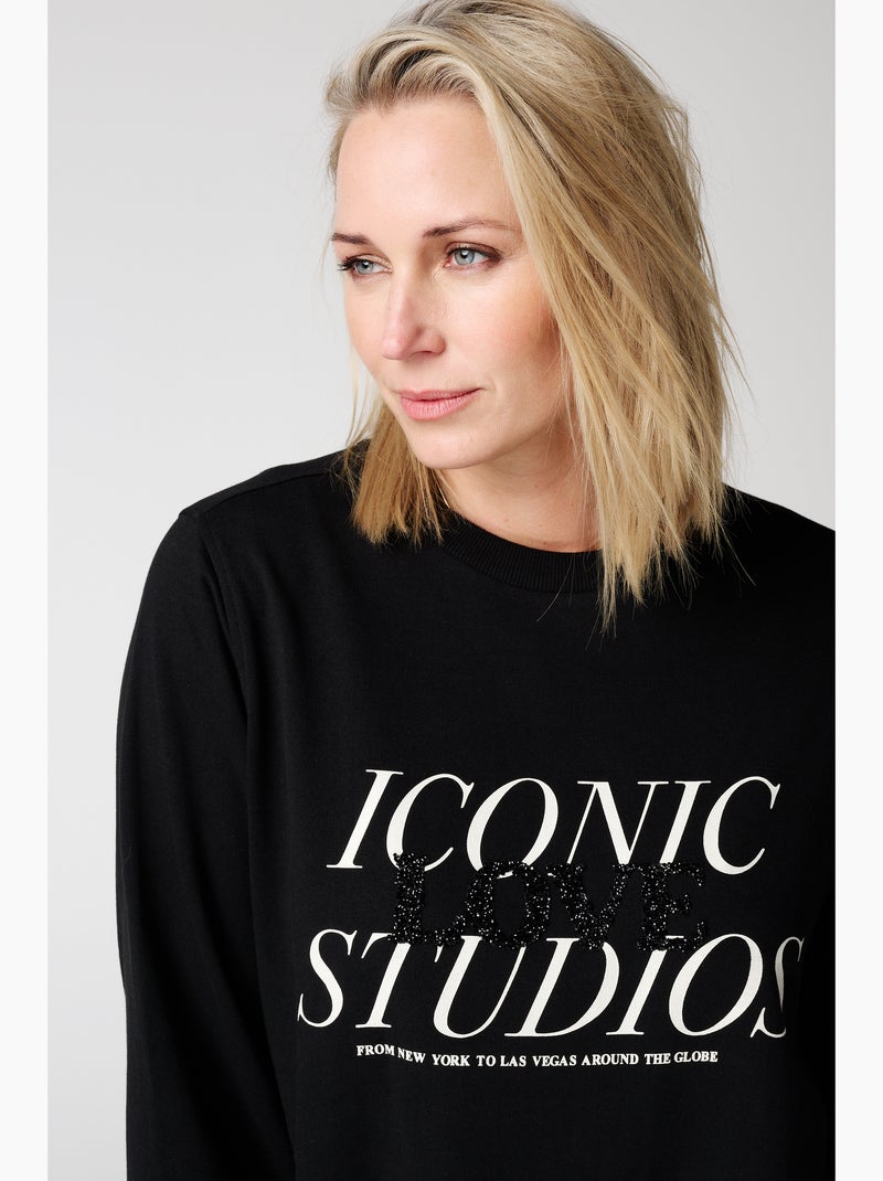 MS MODE Robe Robe-pull avec texte pailleté Noir - Kiabi