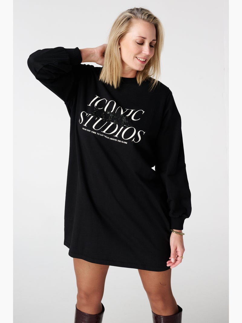 MS MODE Robe Robe-pull avec texte pailleté Noir - Kiabi