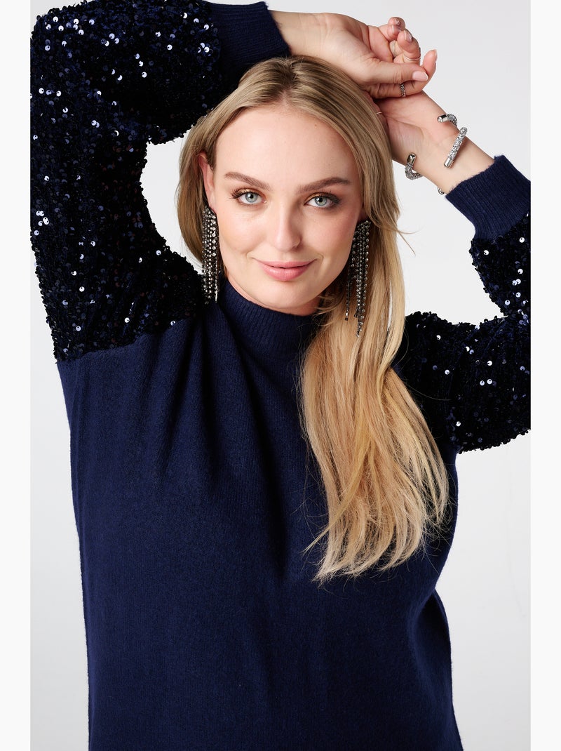 MS MODE Robe Tunique en maille avec manches à sequins Bleu Noir - Kiabi