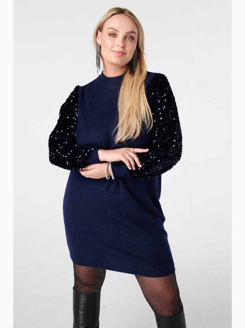 MS MODE Robe Tunique en maille avec manches à sequins Bleu Noir - Kiabi