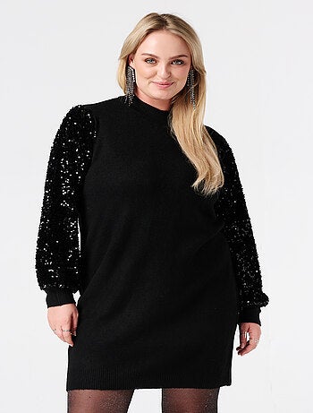 MS MODE Robe Tunique en maille avec manches à sequins