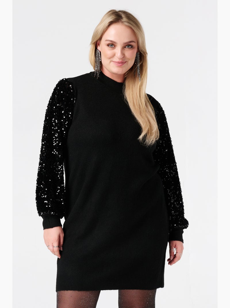 MS MODE Robe Tunique en maille avec manches à sequins Noir - Kiabi