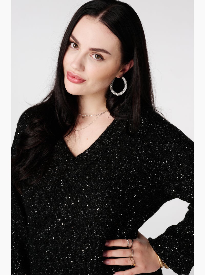 MS MODE Robe Tunique en maille avec paillettes et fil brillant Noir - Kiabi