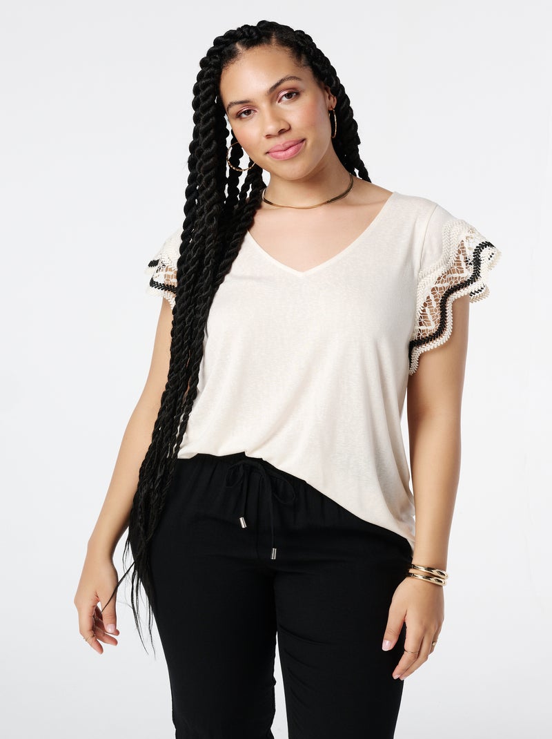 MS MODE T-shirt T-shirt avec détails en crochet Blanc cassé - Kiabi
