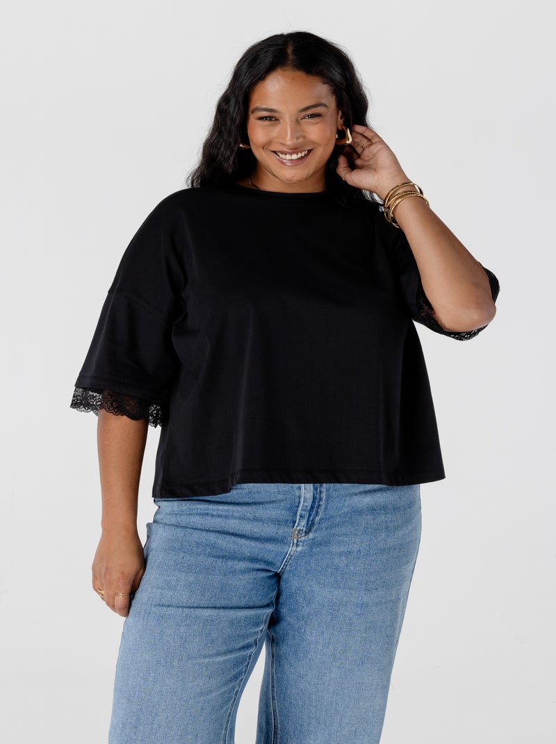 MS MODE T-shirt T-shirt avec détails en dentelle Noir - Kiabi