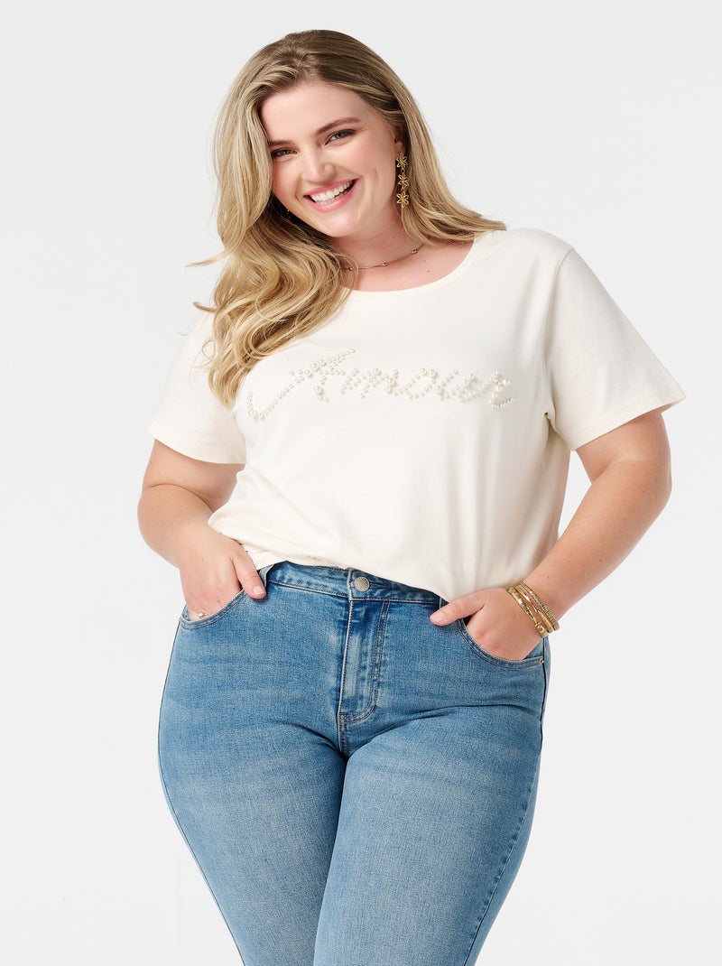 MS MODE T-shirt T-shirt avec texte en imitation de perles Blanc cassé - Kiabi
