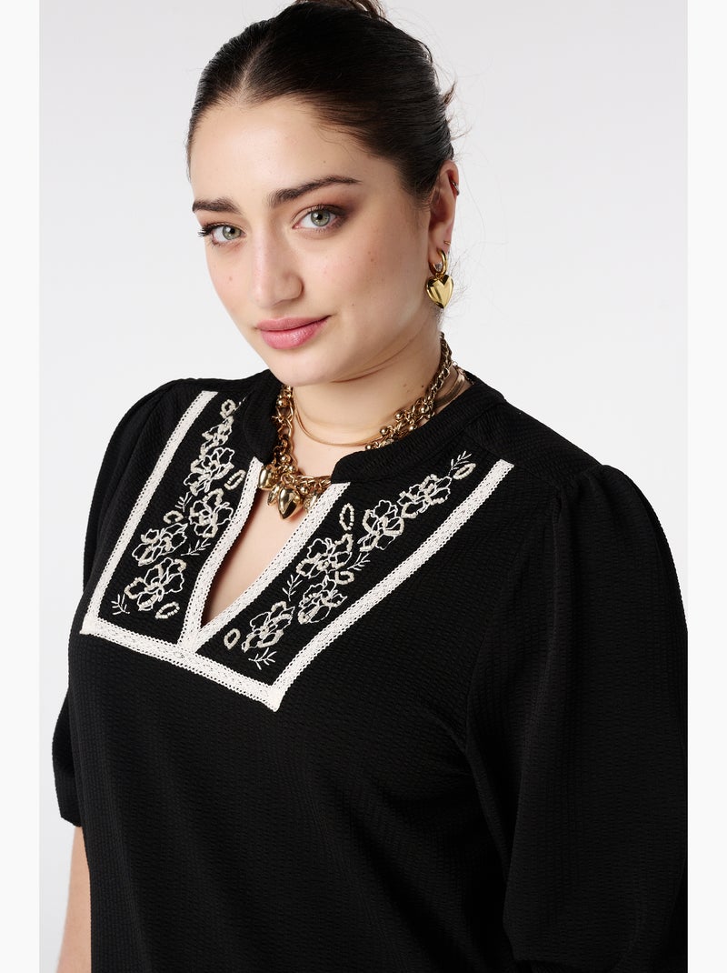 Tunique Style Chinois Femme Coton Lin Broderie - Grandes Tailles Col V Manches 3/4 Vintage
