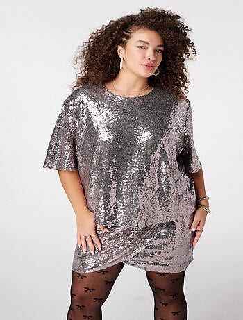 MS MODE Top Haut à paillettes à manches courtes