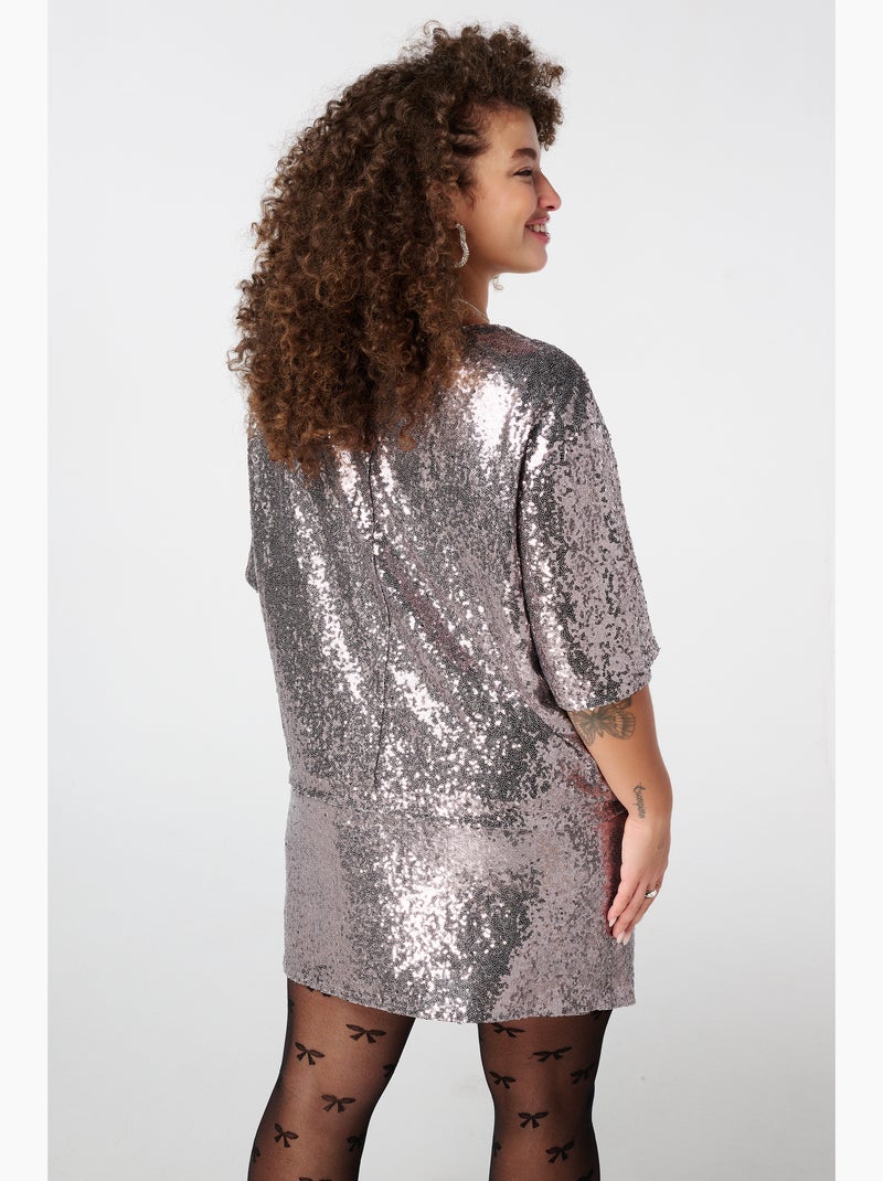 MS MODE Top Haut à paillettes à manches courtes Gris métalique - Kiabi