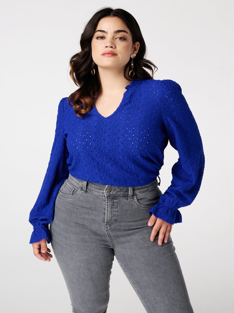Haut Tunique Noir David Emanuel - Taille 22 - Doublure Bleu Cobalt - Manches Demi-longues