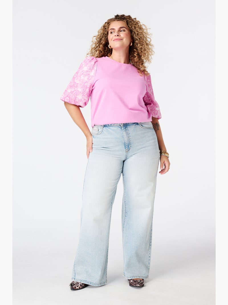 Ms Mode Top haut avec manches en jacquard Rose fluo - Kiabi
