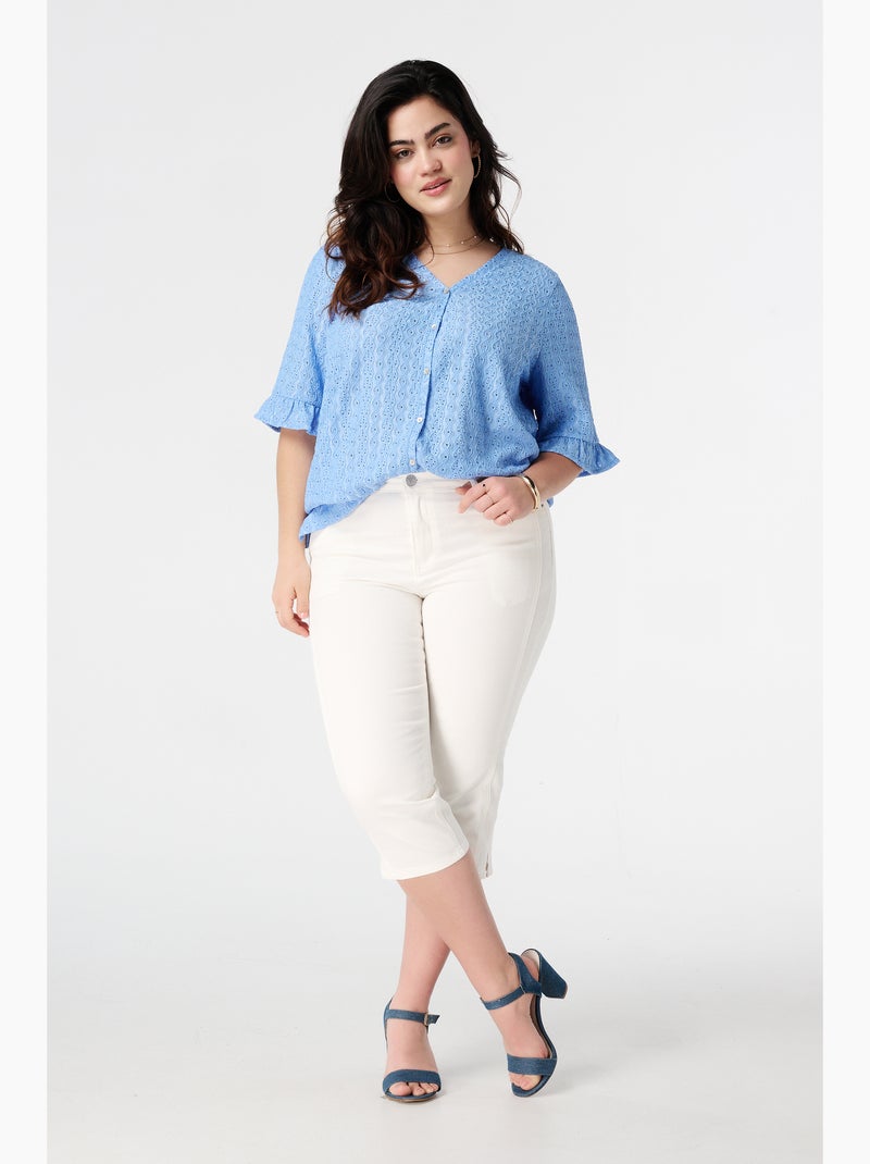 MS MODE Top Haut brodé avec fermeture boutonnée Bleu impérial - Kiabi
