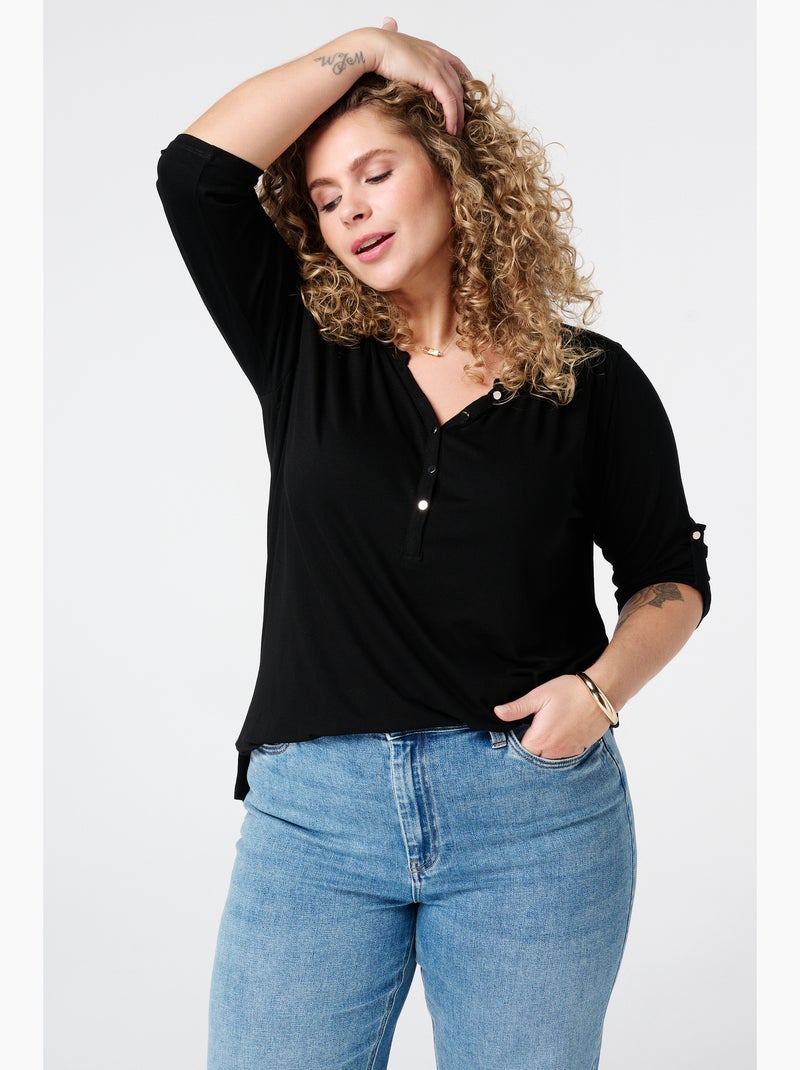 MS MODE Top Haut col en V avec boutons Noir Grandes tailles