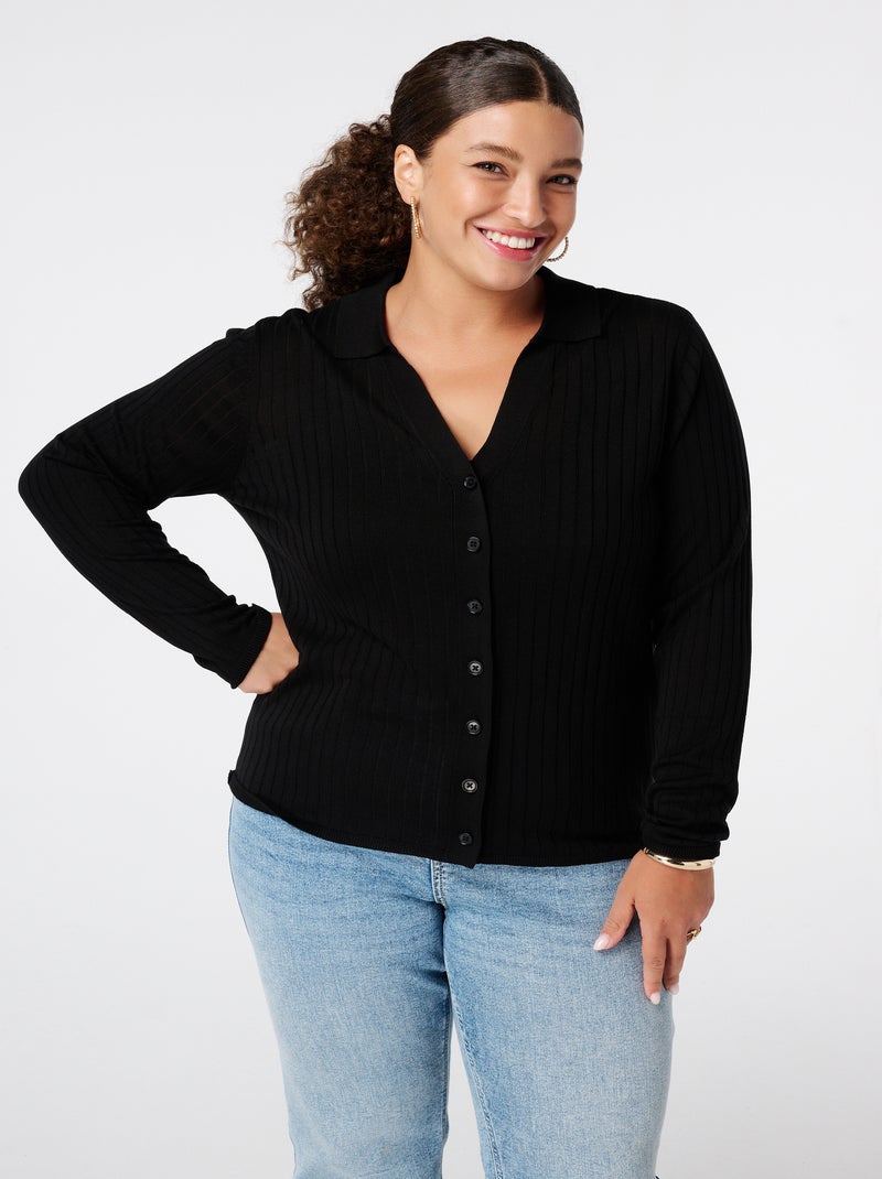 MS MODE Top Polo en maille avec boutons Noir - Kiabi