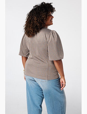 Ms Mode Top top à carreaux avec manches bouffantes
