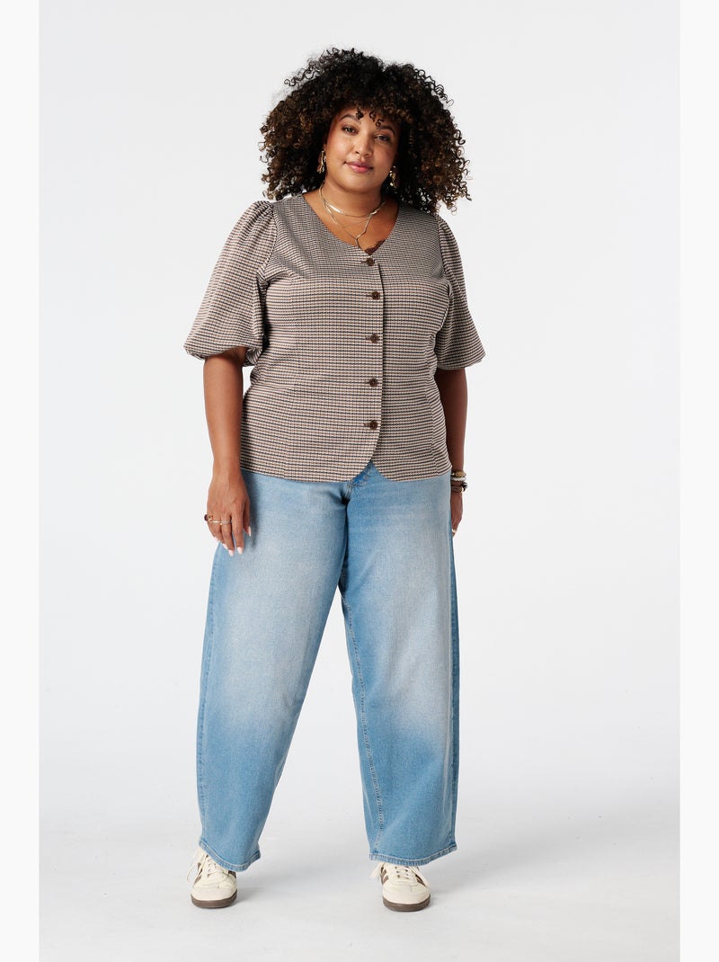 Ms Mode Top top à carreaux avec manches bouffantes Marron/Multicolore - Kiabi