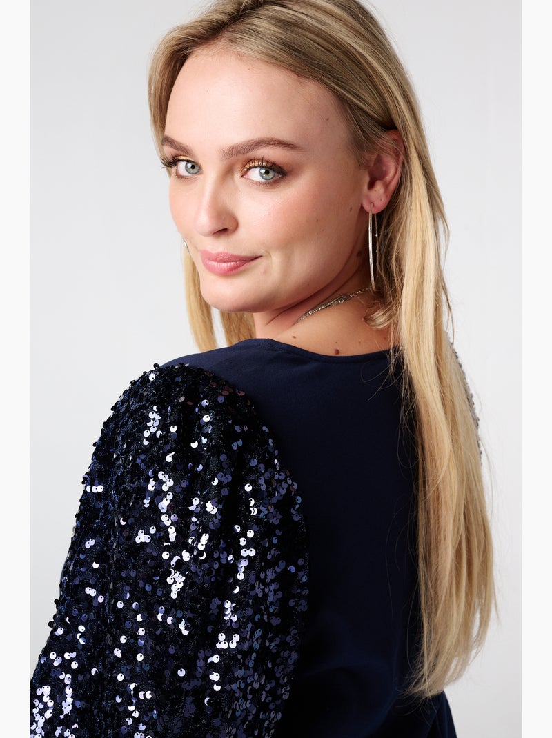 MS MODE Top Top à manches bouffantes pailletées Noir Bleu - Kiabi