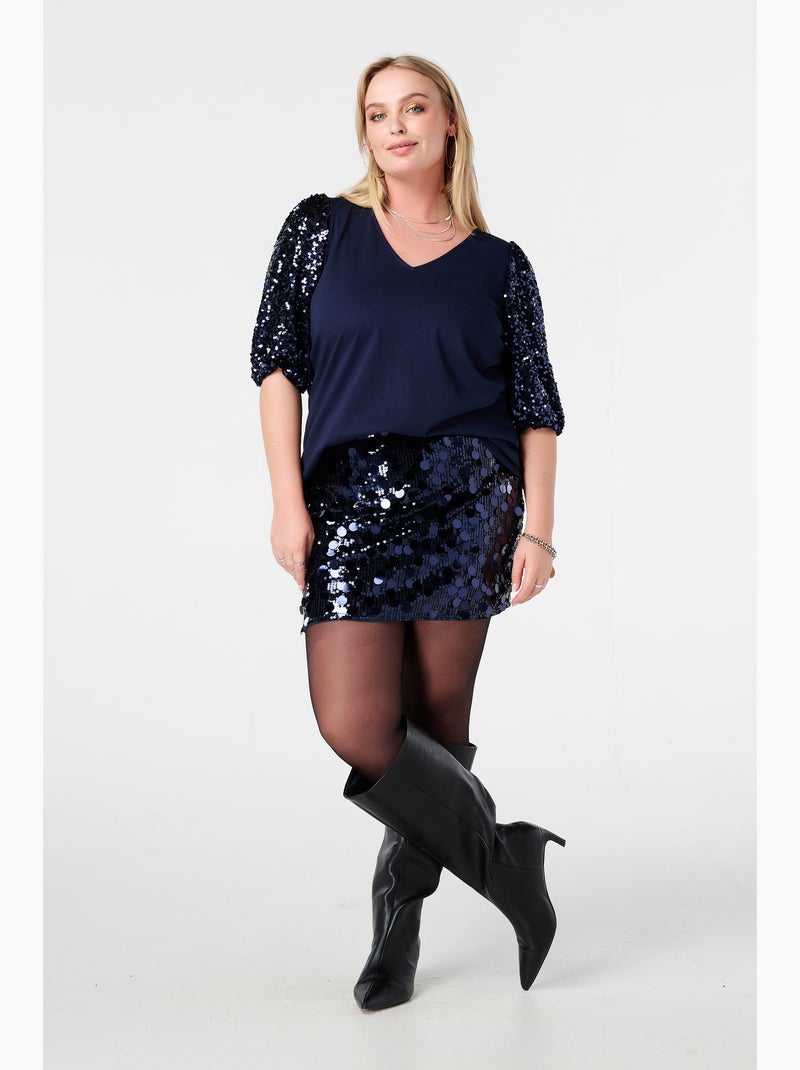 MS MODE Top Top à manches bouffantes pailletées Noir Bleu - Kiabi