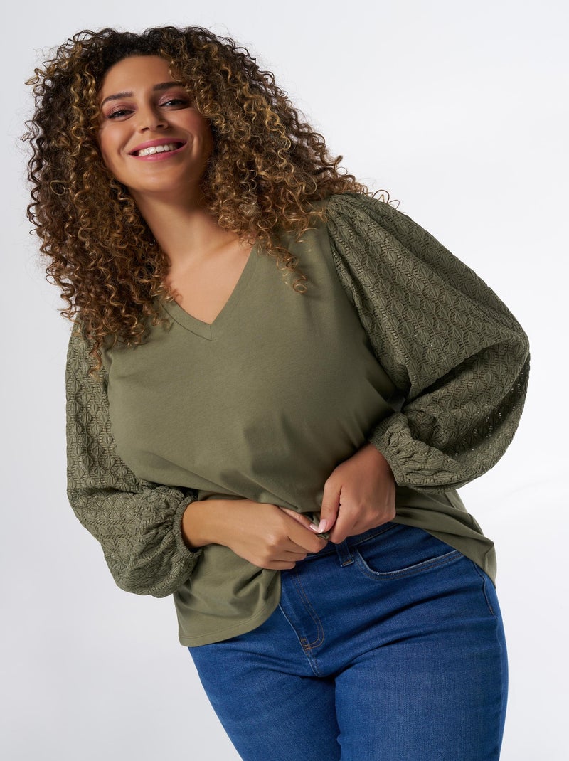 MS MODE Top Top avec manches en dentelle Kaki - Kiabi